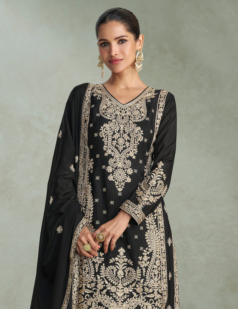 Black Designer Embroidered Chinon Silk Party Wear Palazzo Suit-Saira's Boutique