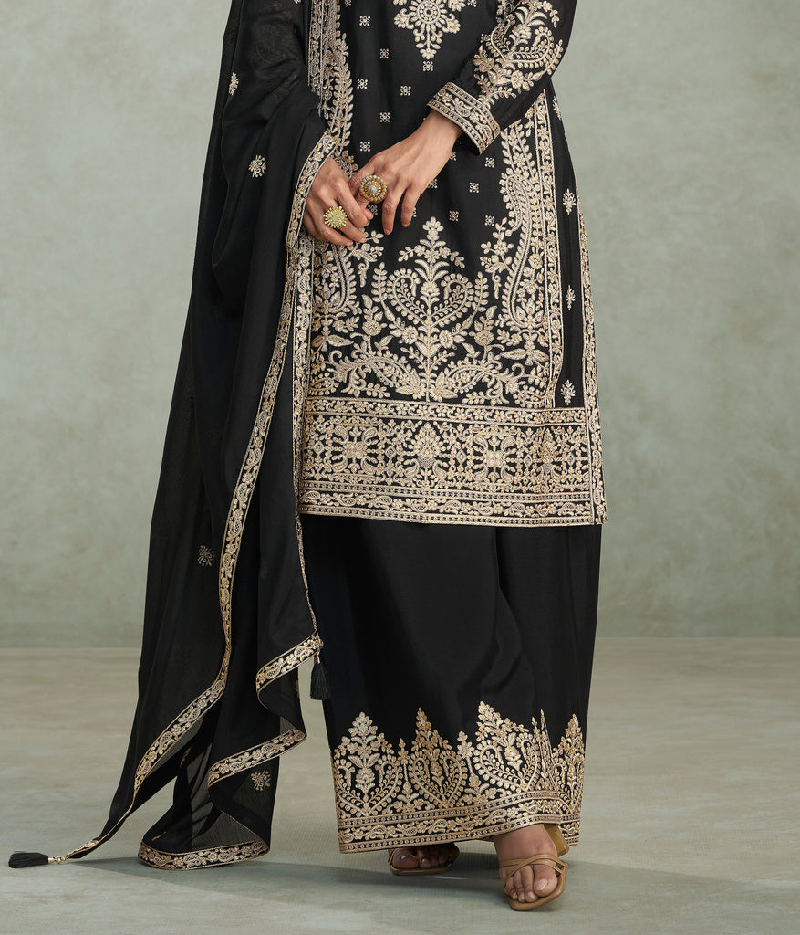 Black Designer Embroidered Chinon Silk Party Wear Palazzo Suit-Saira's Boutique