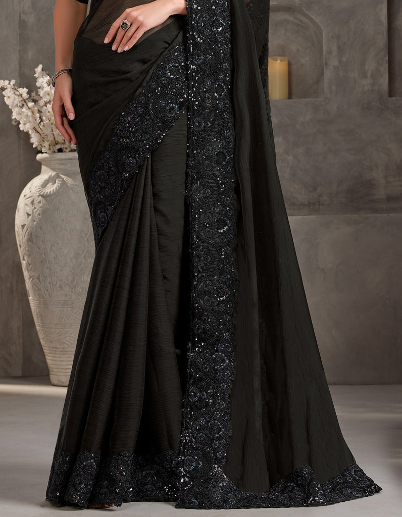 Black Designer Embroidered Crystal Chiffon Party Wear Saree-Saira's Boutique
