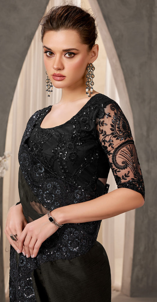 Black Designer Embroidered Crystal Chiffon Party Wear Saree-Saira's Boutique