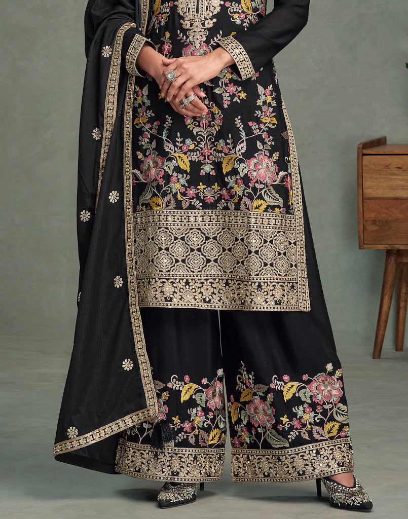 Black Designer Embroidered Premium Chinon Silk Party Wear Palazzo Suit-Saira's Boutique