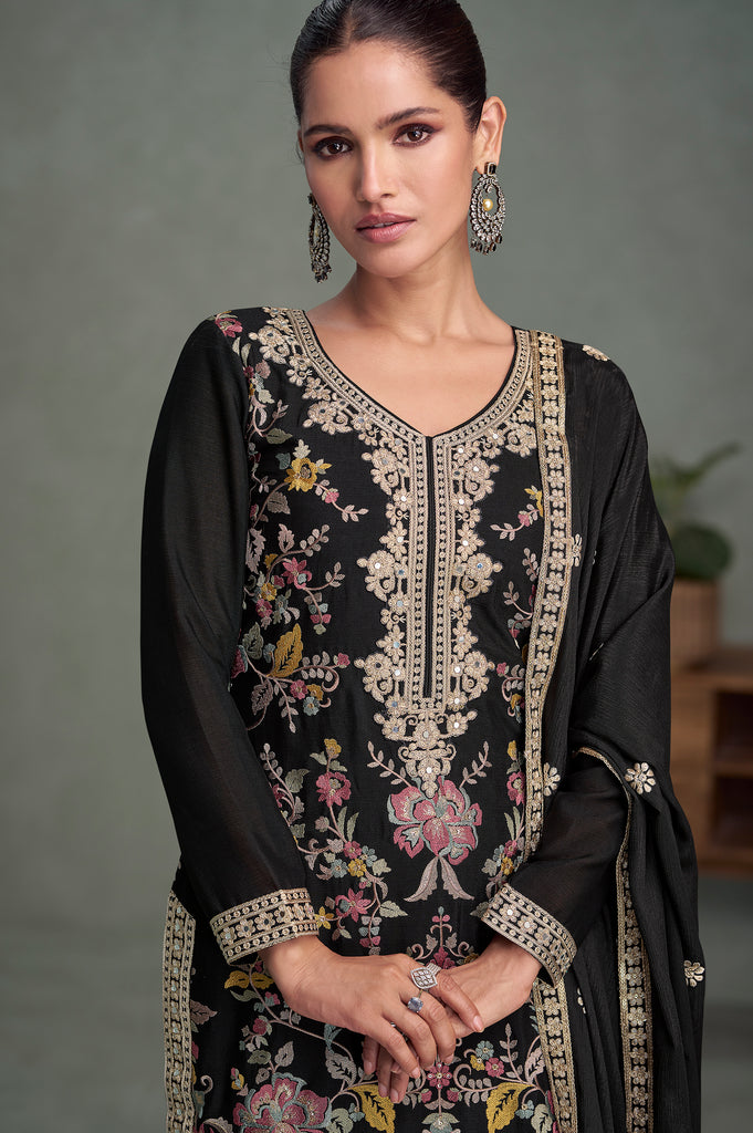 Black Designer Embroidered Premium Chinon Silk Party Wear Palazzo Suit-Saira's Boutique