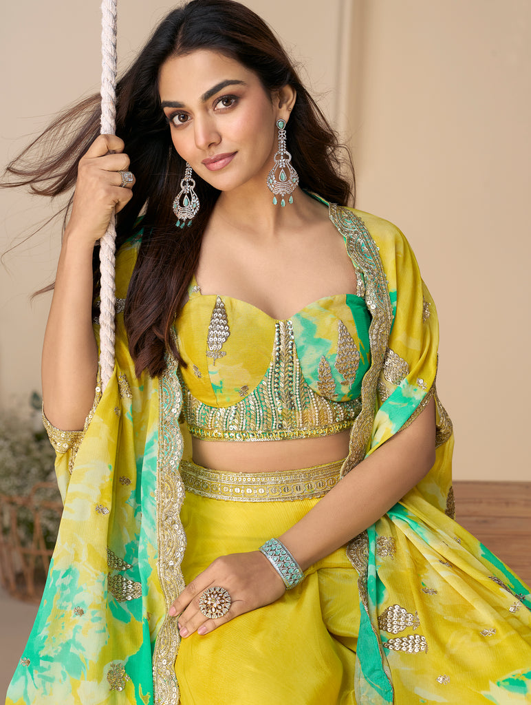 Bright Yellow Designer Embroidered Party Wear Palazzo Suit with Shrug-Saira's Boutique