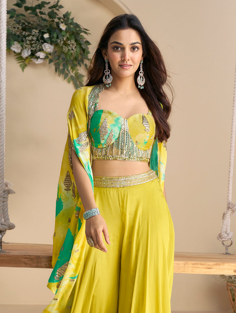 Bright Yellow Designer Embroidered Party Wear Palazzo Suit with Shrug-Saira's Boutique