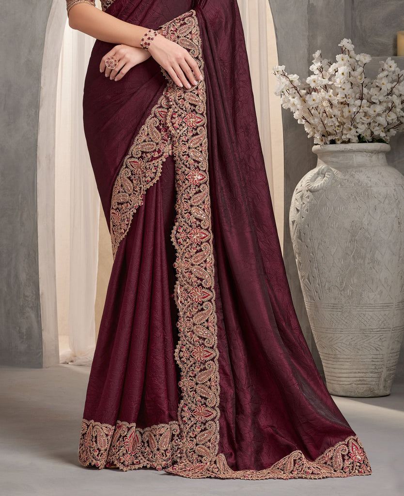 Burgundy & Beige Designer Embroidered Crush Wedding Party Wear Saree-Saira's Boutique
