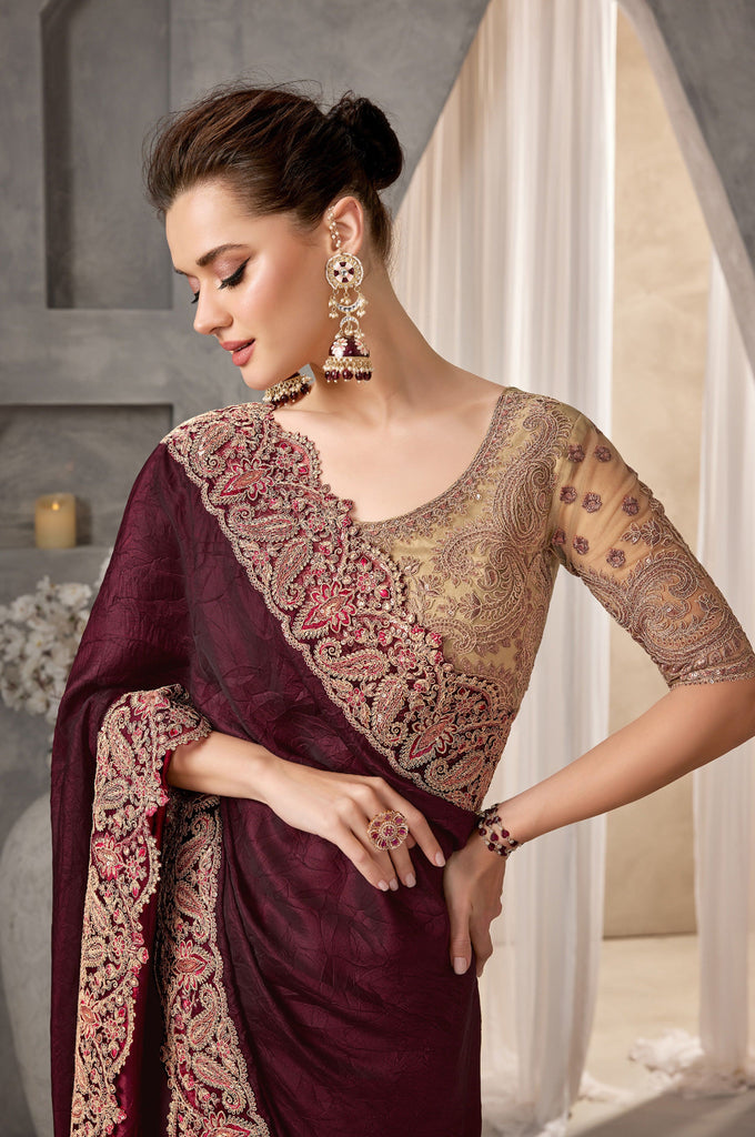 Burgundy & Beige Designer Embroidered Crush Wedding Party Wear Saree-Saira's Boutique