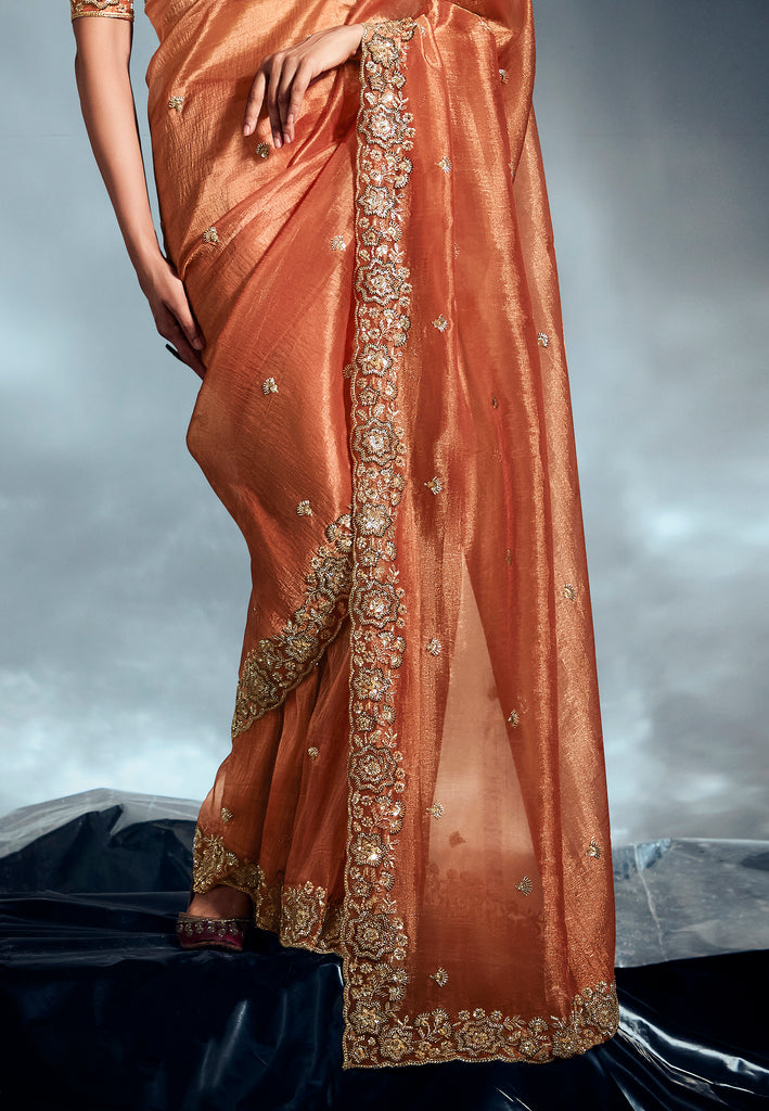 Burnt Orange Designer Embroidered Tissue Organza Wedding Party Wear Saree-Saira's Boutique