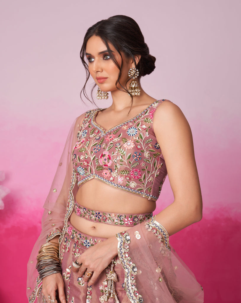 Copper Rose Designer Embroidered Wedding Bridal Net Lehenga Choli-Saira's Boutique