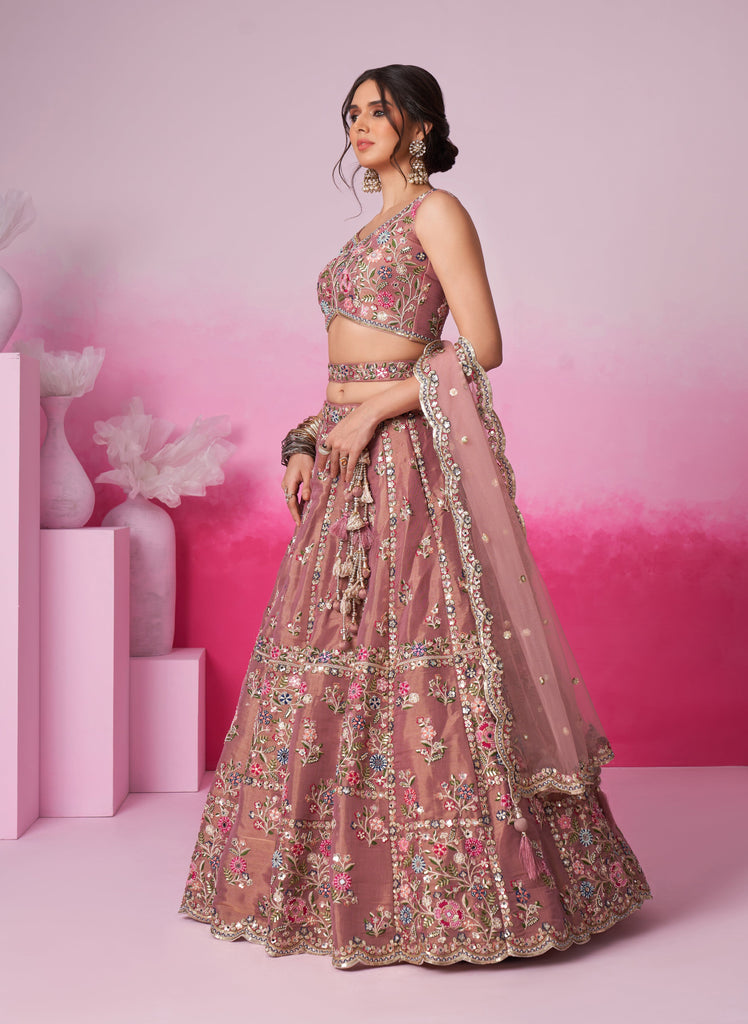 Copper Rose Designer Embroidered Wedding Bridal Net Lehenga Choli-Saira's Boutique