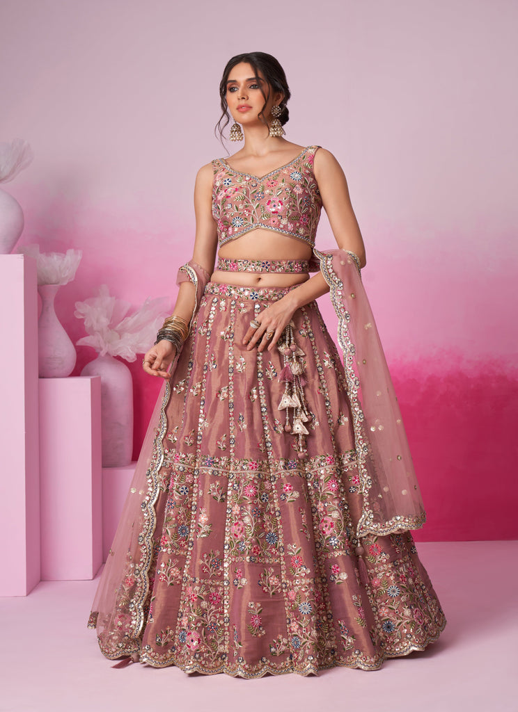 Copper Rose Designer Embroidered Wedding Bridal Net Lehenga Choli-Saira's Boutique