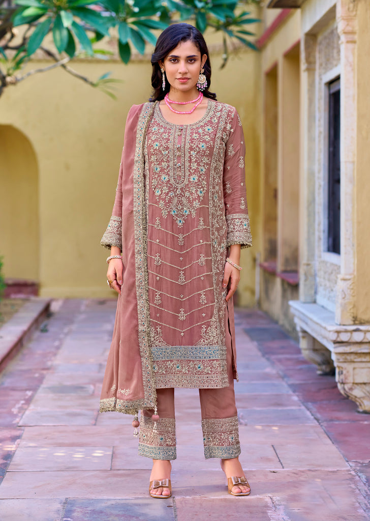 Copper Rose Designer Embroidered Wedding Party Wear Chinon Salwar Suit-Saira's Boutique