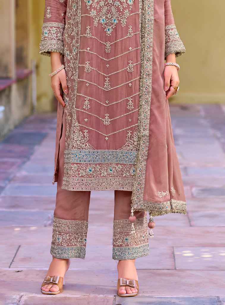 Copper Rose Designer Embroidered Wedding Party Wear Chinon Salwar Suit-Saira's Boutique