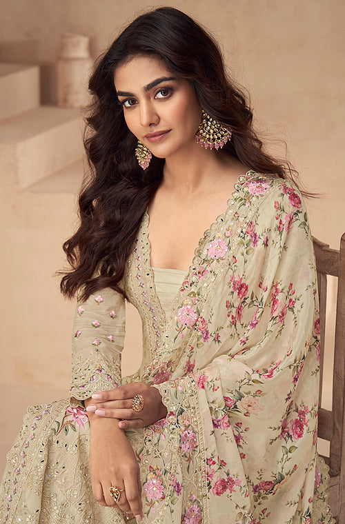 Cream Beige Designer Embroidered Chinon Silk Party Wear Palazzo Suit-Saira's Boutique
