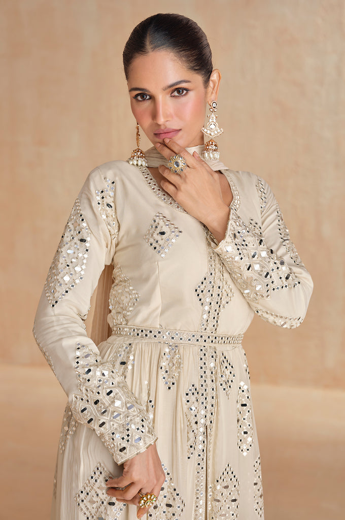 Cream Beige Designer Embroidered Pure Georgette Pant Style Anarkali Suit-Saira's Boutique