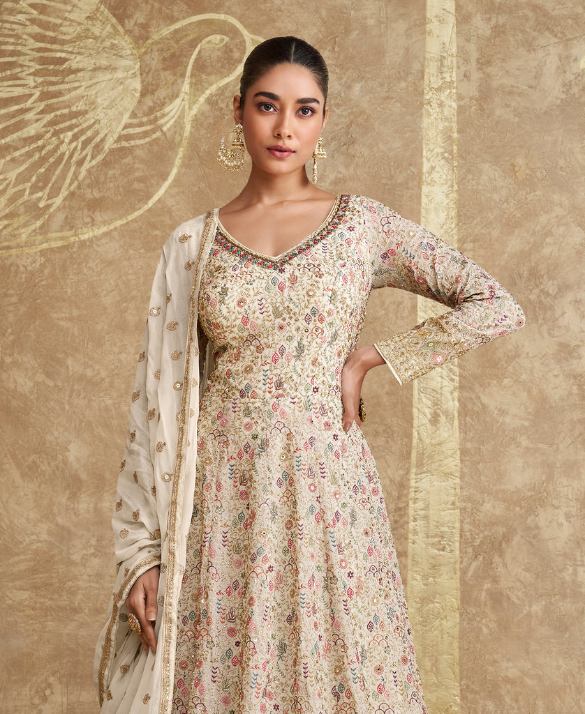 Cream Designer Heavy Embroidered Georgette Wedding Anarkali Gown-Saira's Boutique