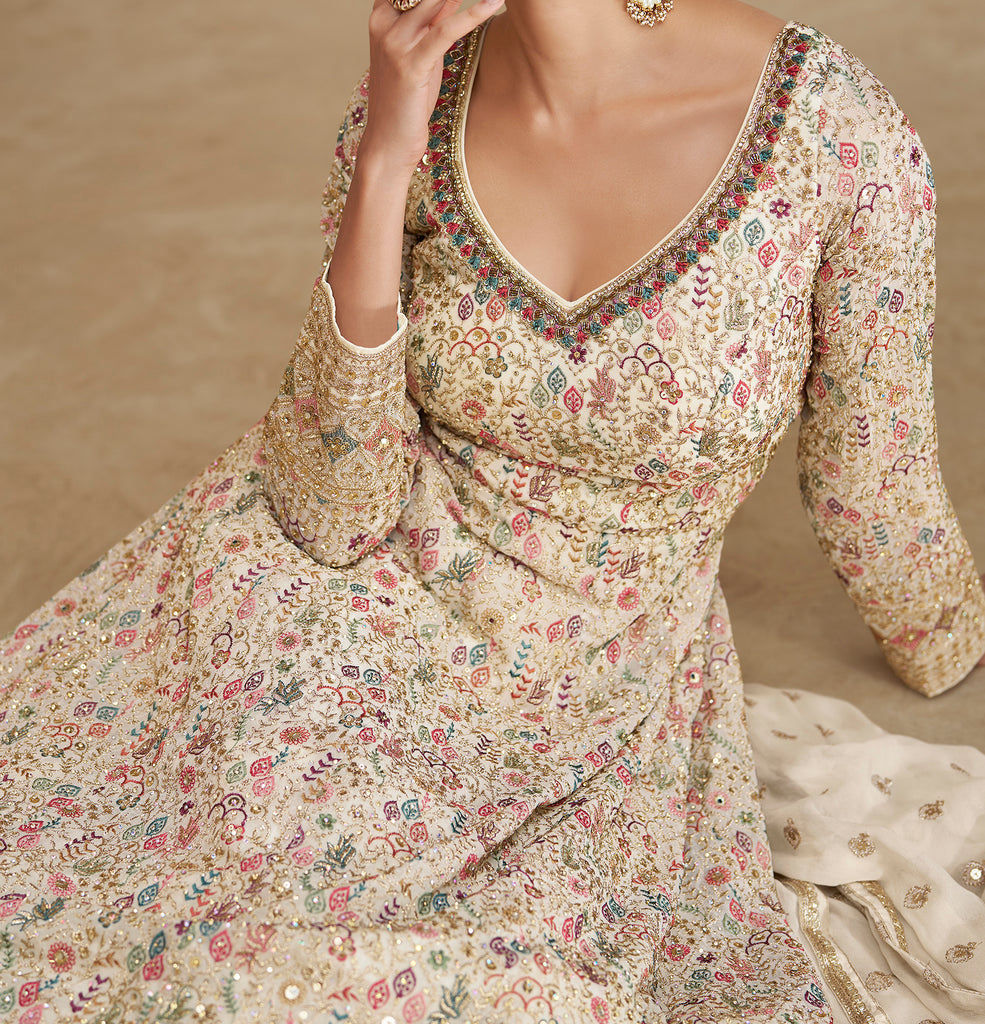 Cream Designer Heavy Embroidered Georgette Wedding Anarkali Gown-Saira's Boutique
