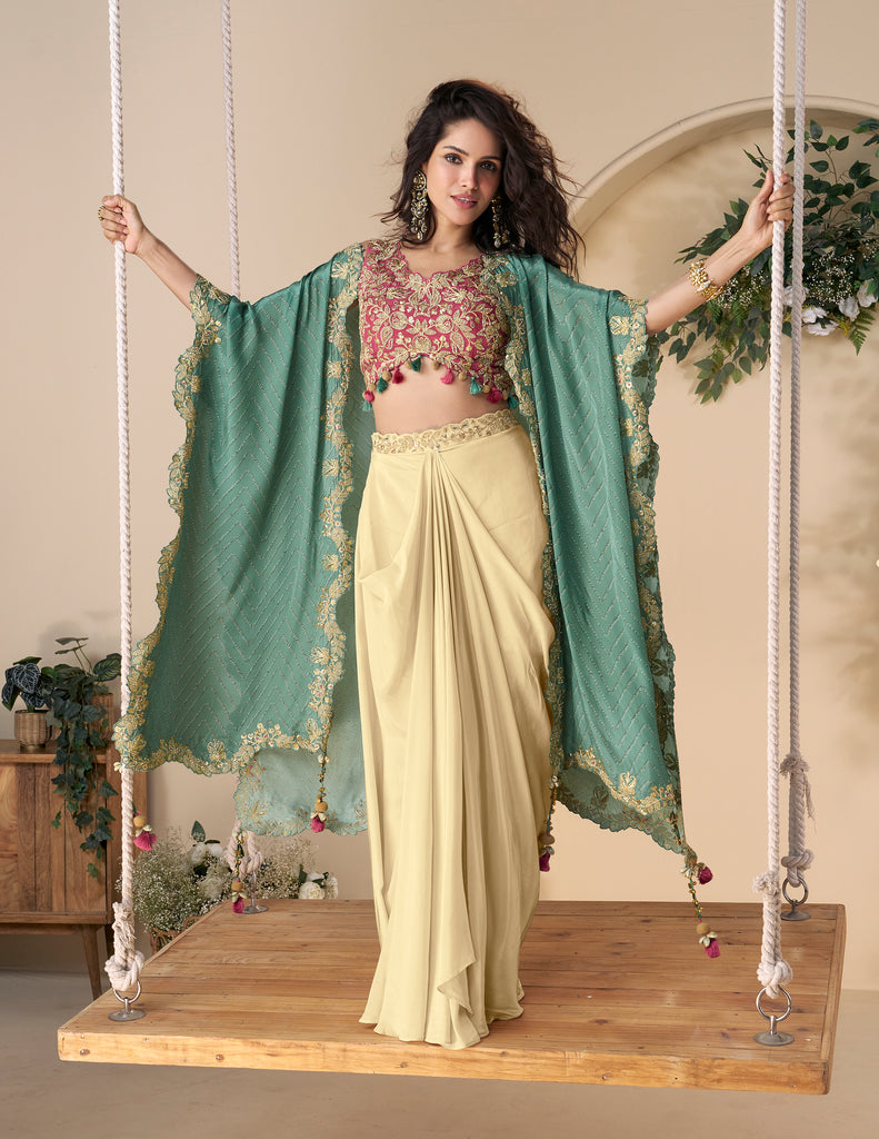Cream & Pink Designer Embroidered Contemporary Style Lehenga with Shrug-Saira's Boutique