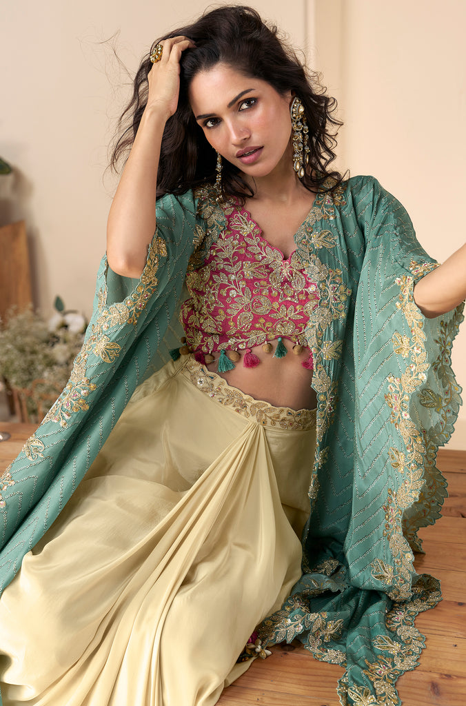 Cream & Pink Designer Embroidered Contemporary Style Lehenga with Shrug-Saira's Boutique