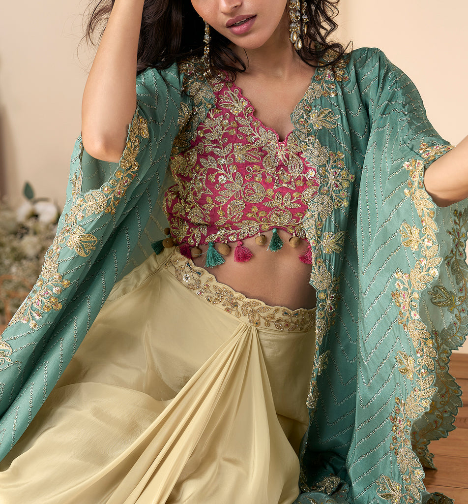 Cream & Pink Designer Embroidered Contemporary Style Lehenga with Shrug-Saira's Boutique