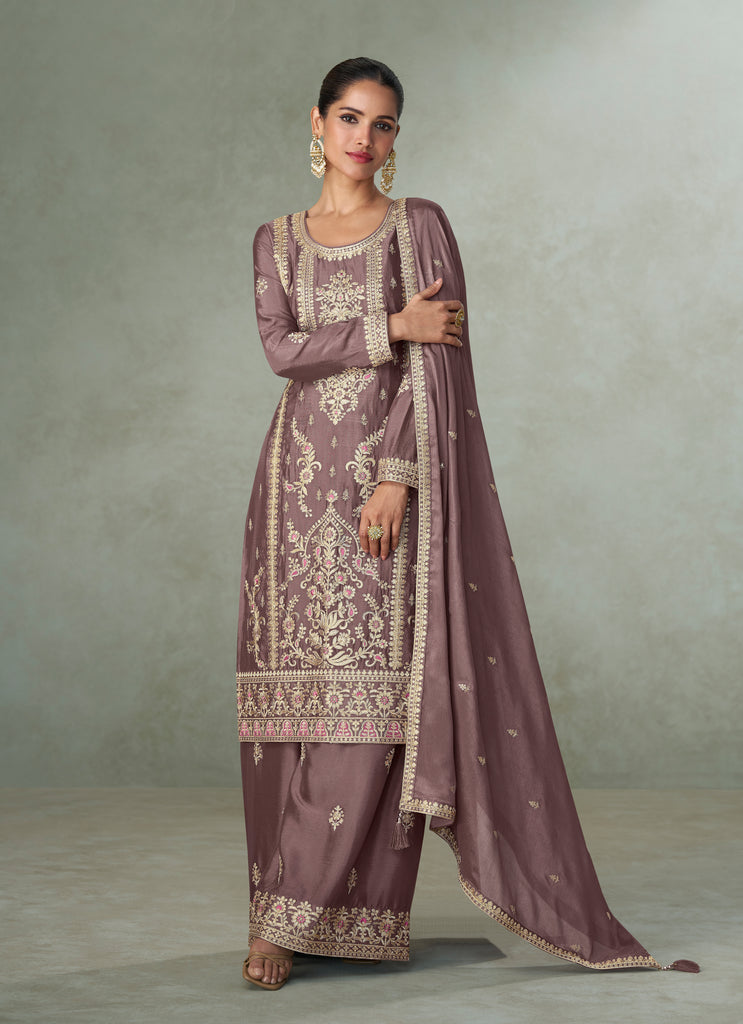 Deep Mauve Designer Embroidered Chinon Silk Party Wear Palazzo Suit-Saira's Boutique