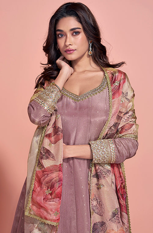 Dull Mauve Designer Embroidered Pure Jacquard Silk Anarkali Suit-Saira's Boutique