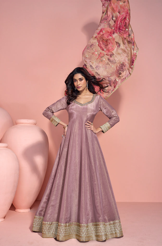 Dull Mauve Designer Embroidered Pure Jacquard Silk Anarkali Suit-Saira's Boutique