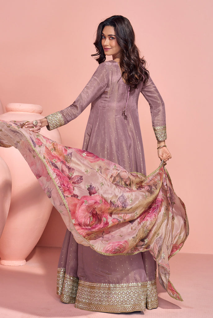 Dull Mauve Designer Embroidered Pure Jacquard Silk Anarkali Suit-Saira's Boutique