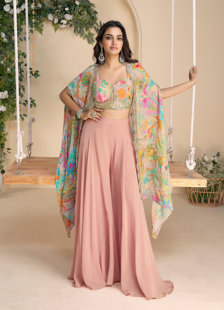 Dusty Blush Designer Embroidered Party Wear Palazzo Suit with Shrug-Saira's Boutique