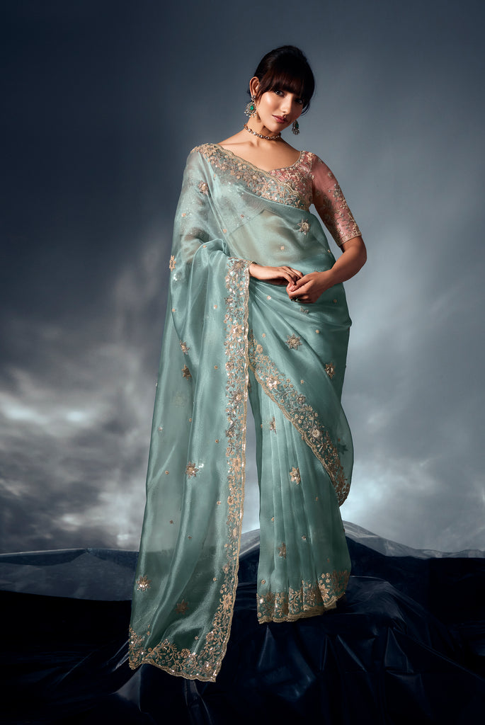 Dusty Mint Designer Embroidered Tissue Organza Wedding Party Wear Saree-Saira's Boutique