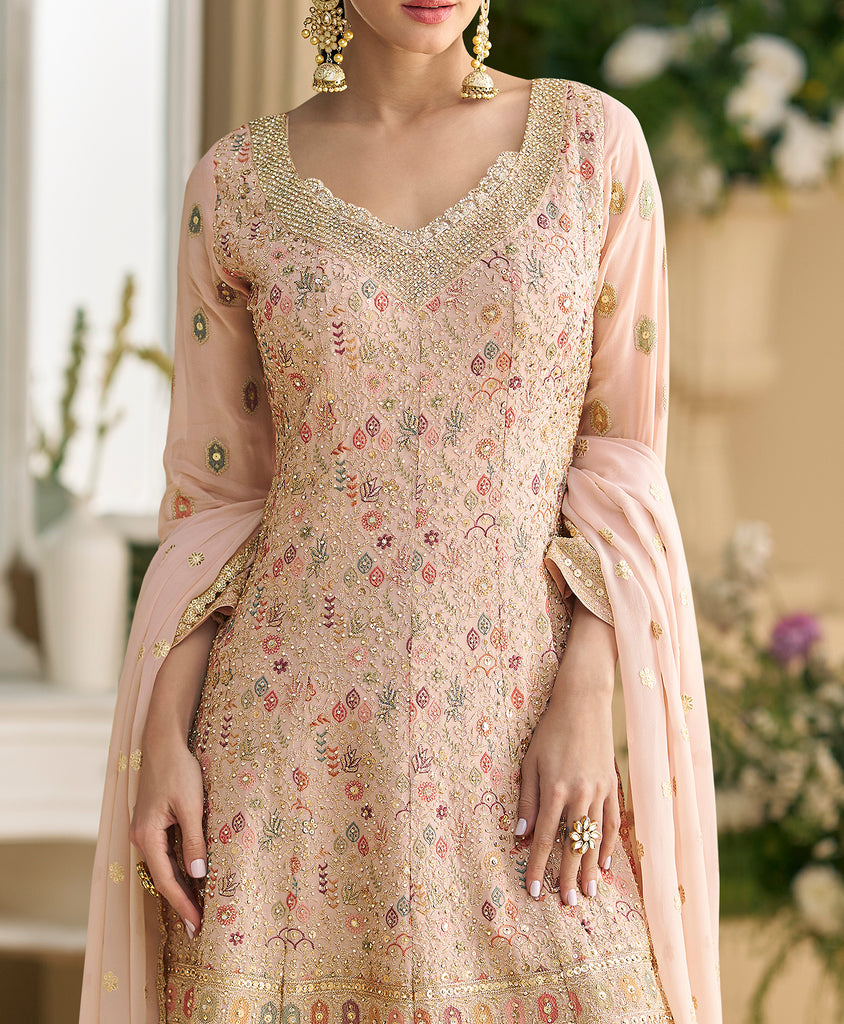 Dusty Peach Designer Embroidered Pure Georgette Wedding Palazzo Suit-Saira's Boutique