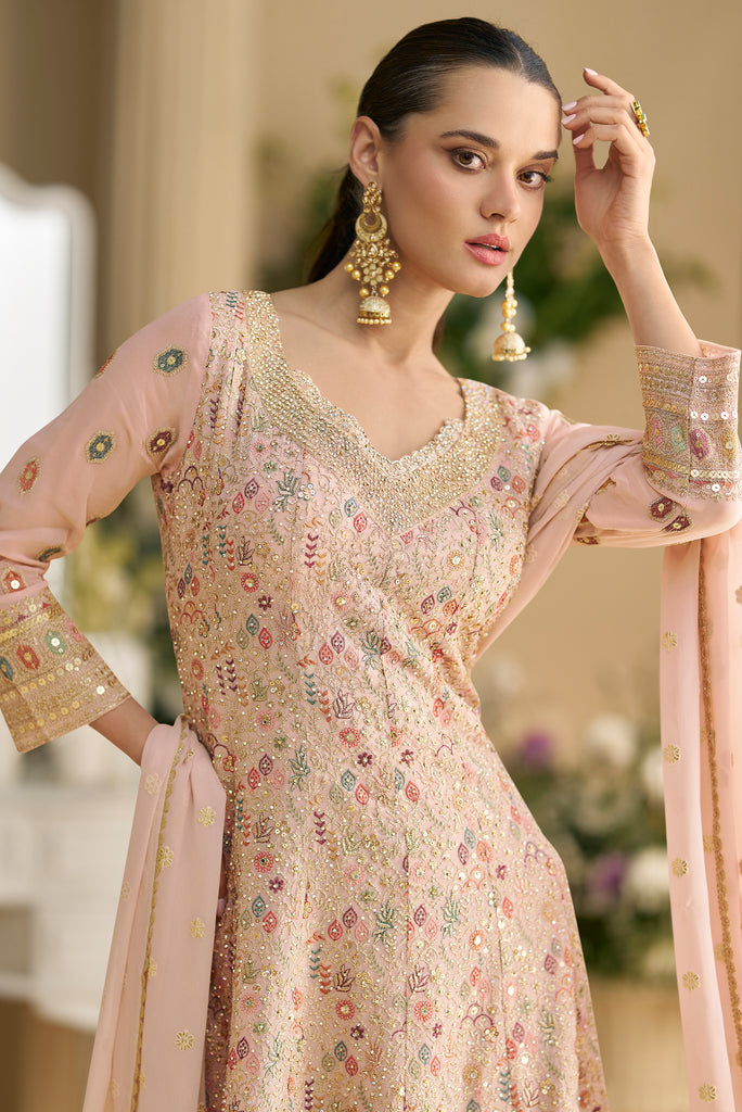 Dusty Peach Designer Embroidered Pure Georgette Wedding Palazzo Suit-Saira's Boutique