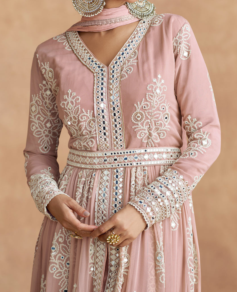 Dusty Rose Designer Embroidered Pure Georgette Pant Style Anarkali Suit-Saira's Boutique