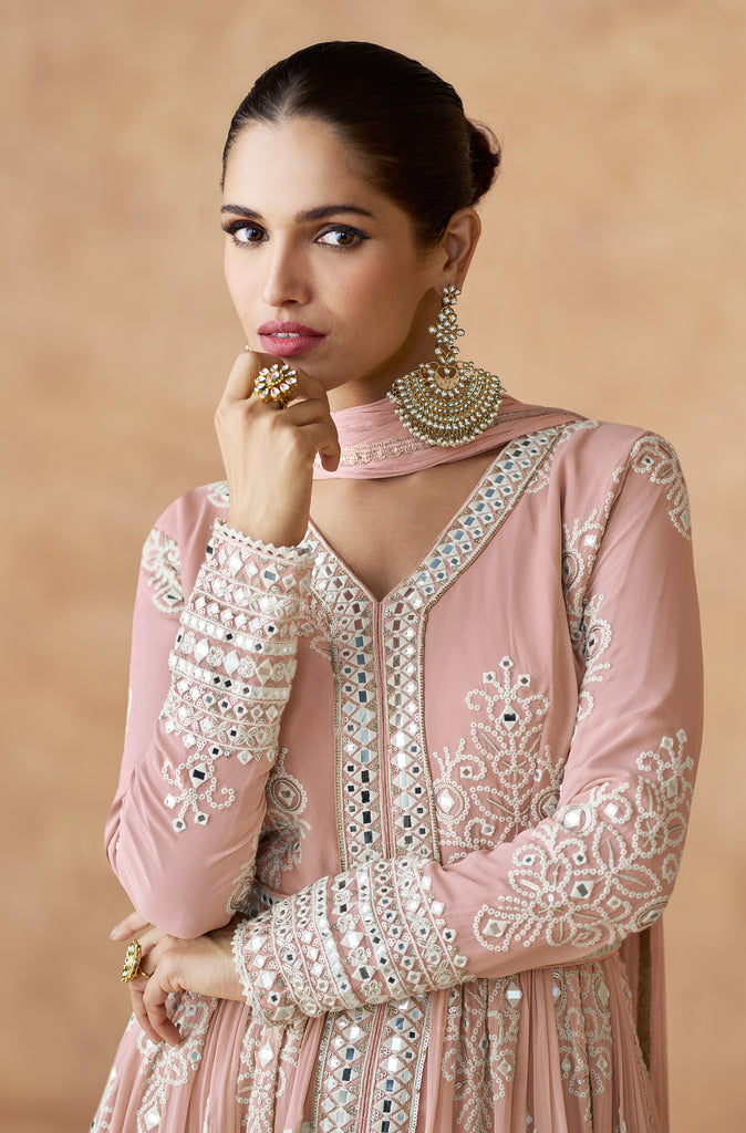 Dusty Rose Designer Embroidered Pure Georgette Pant Style Anarkali Suit-Saira's Boutique