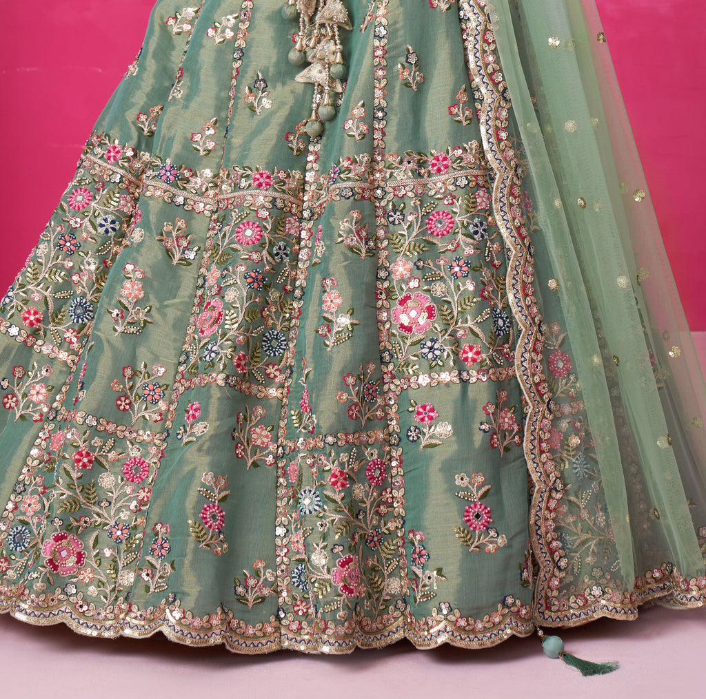 Green Designer Embroidered Wedding Bridal Net Lehenga Choli-Saira's Boutique
