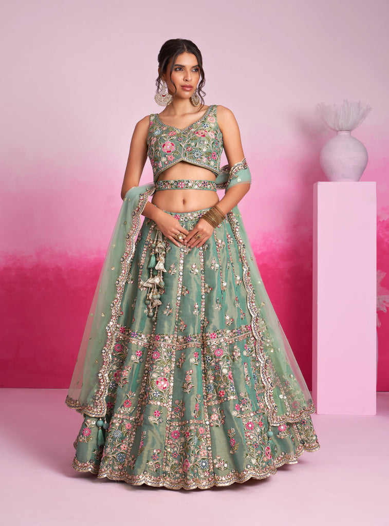 Green Designer Embroidered Wedding Bridal Net Lehenga Choli-Saira's Boutique