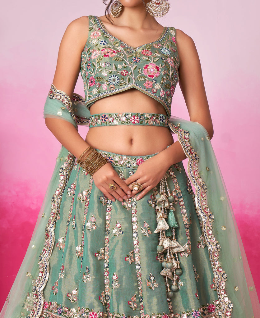 Green Designer Embroidered Wedding Bridal Net Lehenga Choli-Saira's Boutique