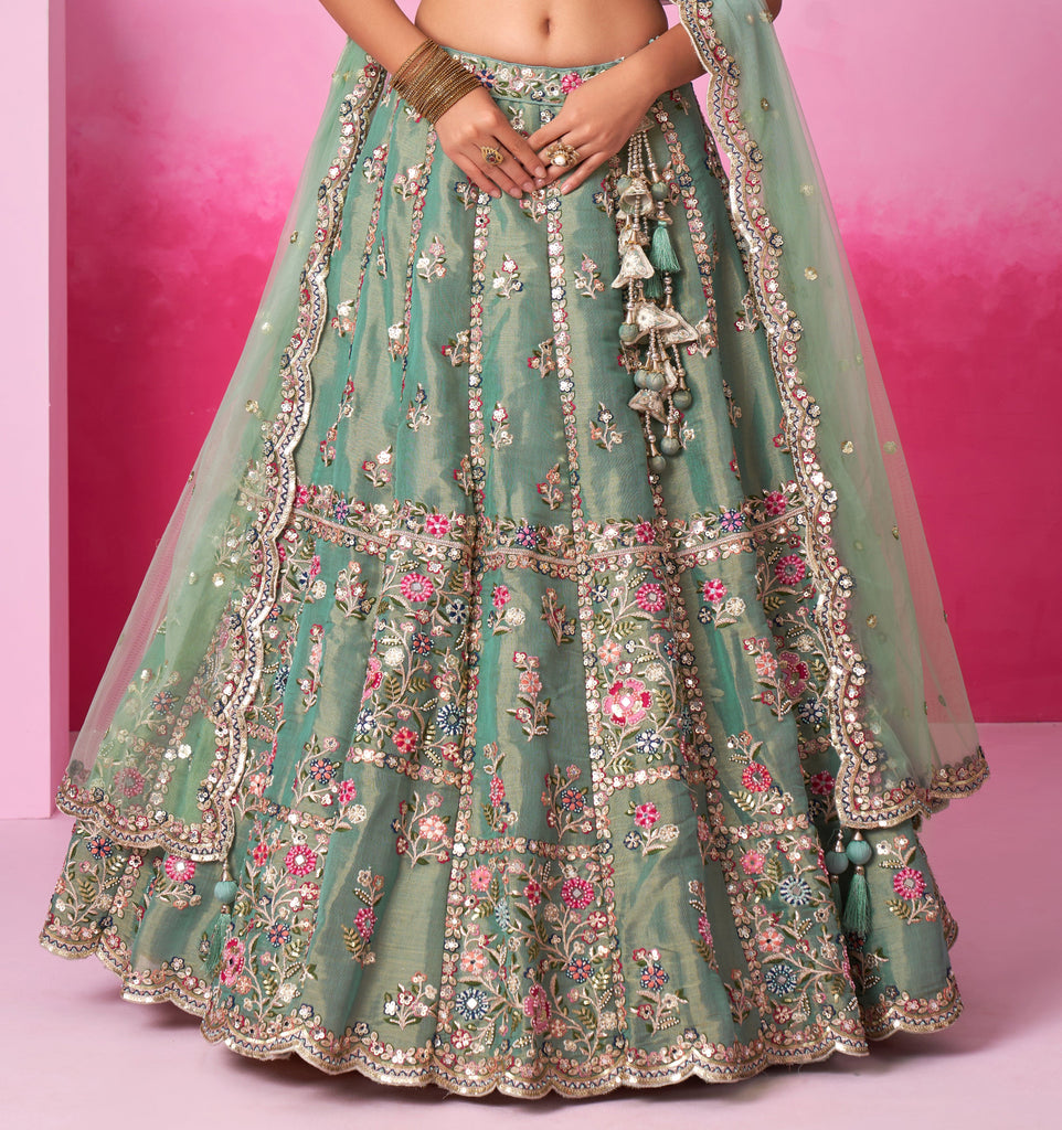Green Designer Embroidered Wedding Bridal Net Lehenga Choli-Saira's Boutique