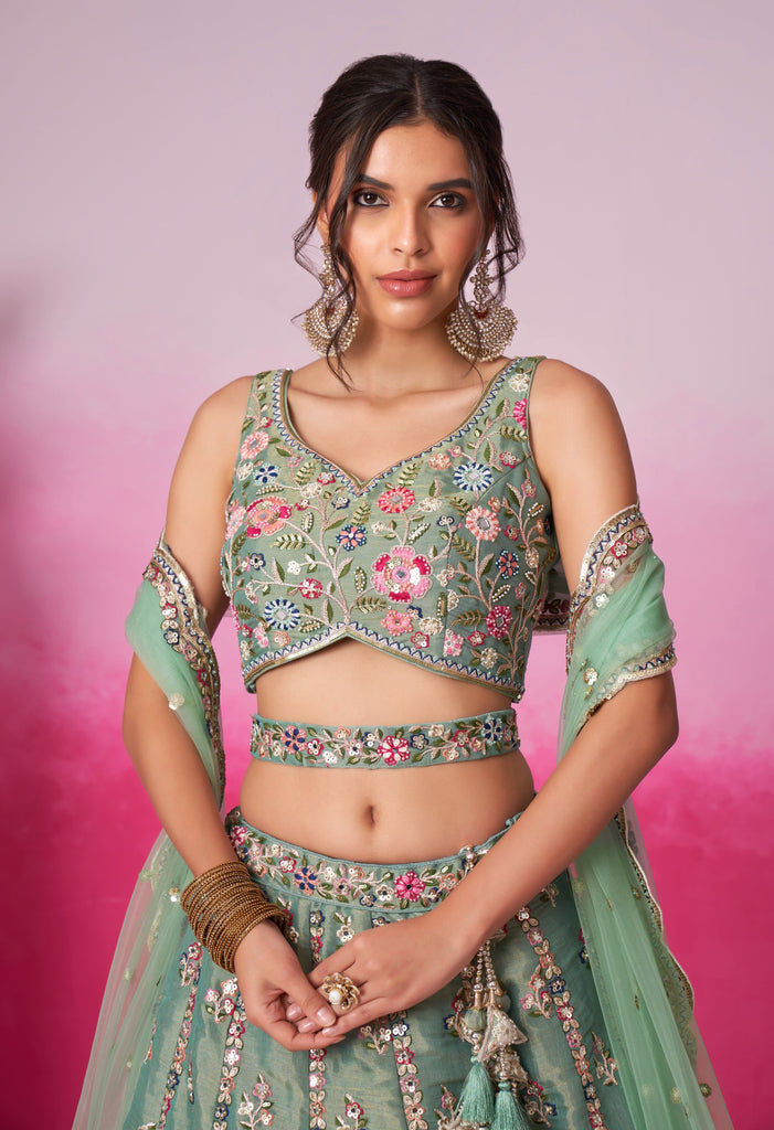Green Designer Embroidered Wedding Bridal Net Lehenga Choli-Saira's Boutique