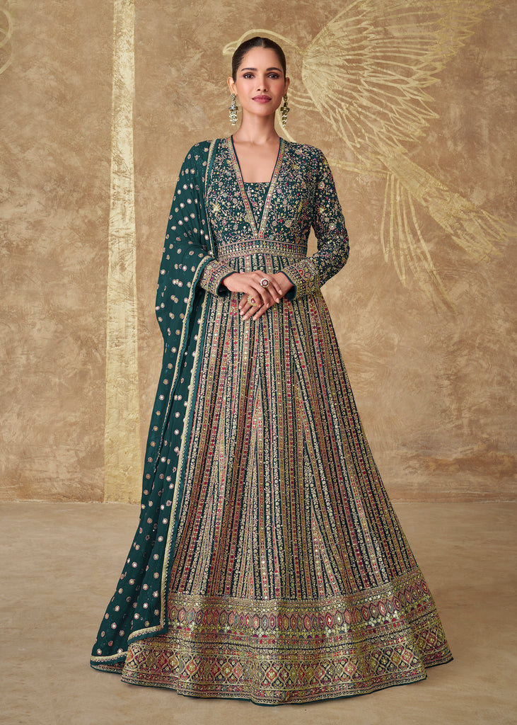 Green Designer Heavy Embroidered Georgette Wedding Anarkali Gown-Saira's Boutique