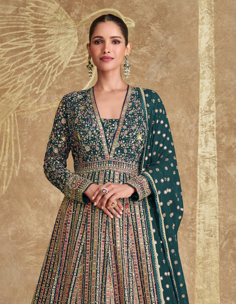 Green Designer Heavy Embroidered Georgette Wedding Anarkali Gown-Saira's Boutique