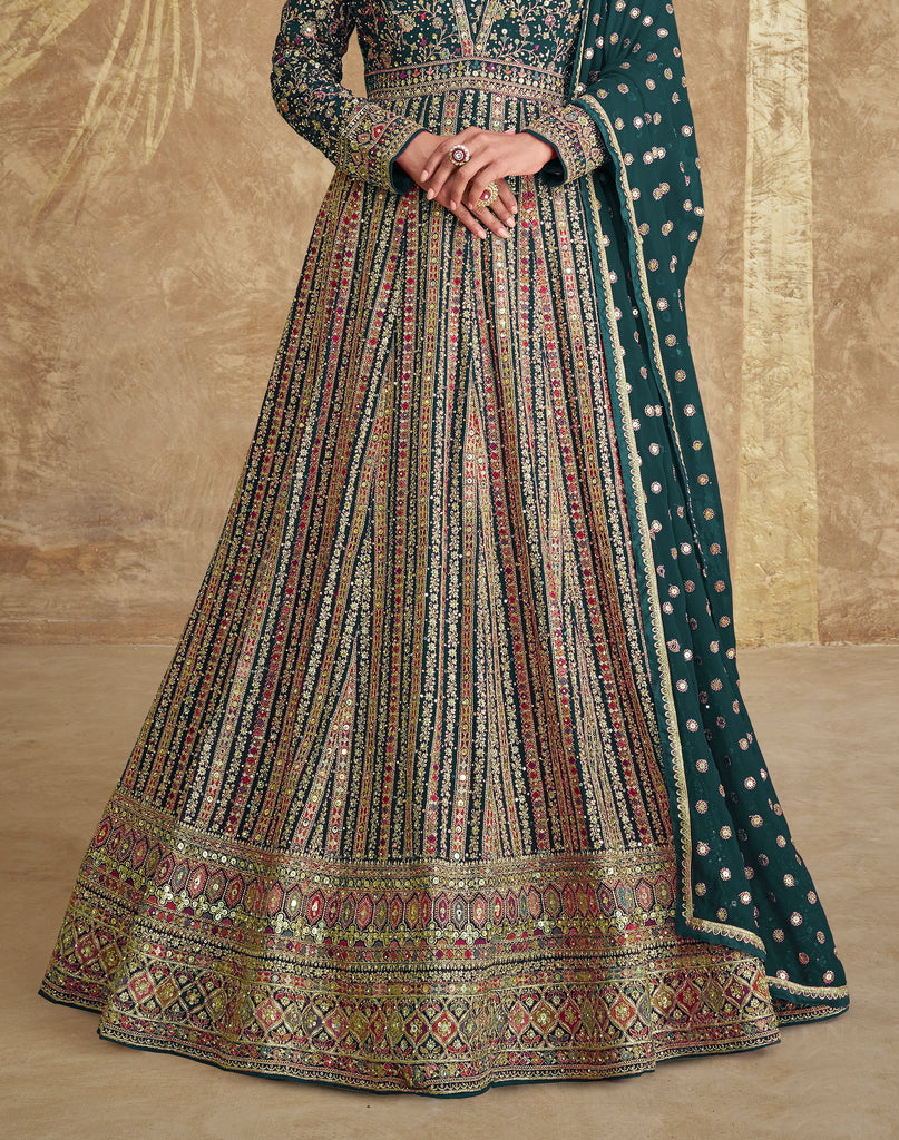 Green Designer Heavy Embroidered Georgette Wedding Anarkali Gown-Saira's Boutique