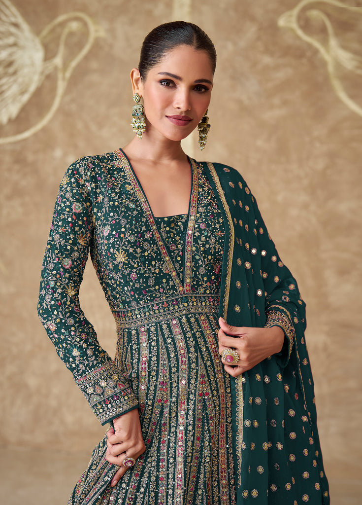 Green Designer Heavy Embroidered Georgette Wedding Anarkali Gown-Saira's Boutique