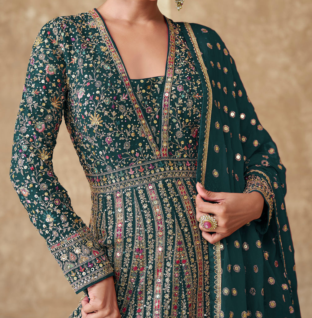 Green Designer Heavy Embroidered Georgette Wedding Anarkali Gown-Saira's Boutique