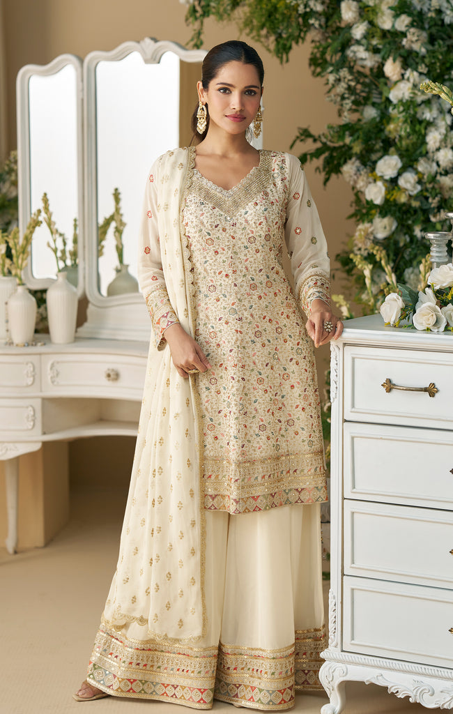 Light Cream Designer Embroidered Pure Georgette Wedding Palazzo Suit-Saira's Boutique