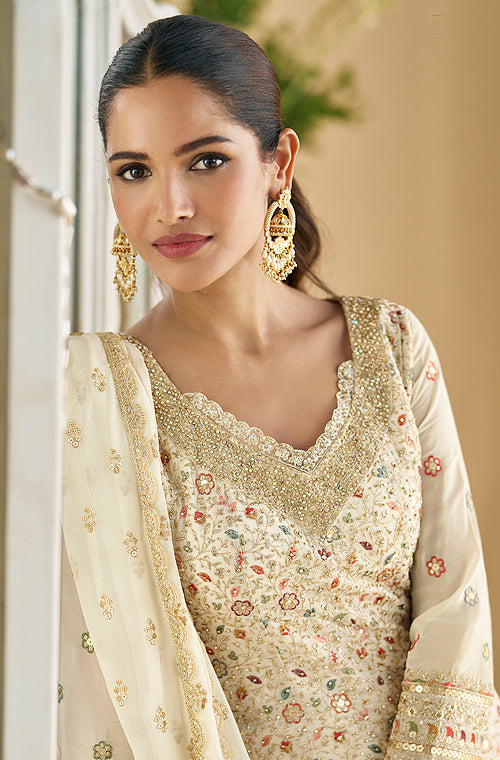 Light Cream Designer Embroidered Pure Georgette Wedding Palazzo Suit-Saira's Boutique