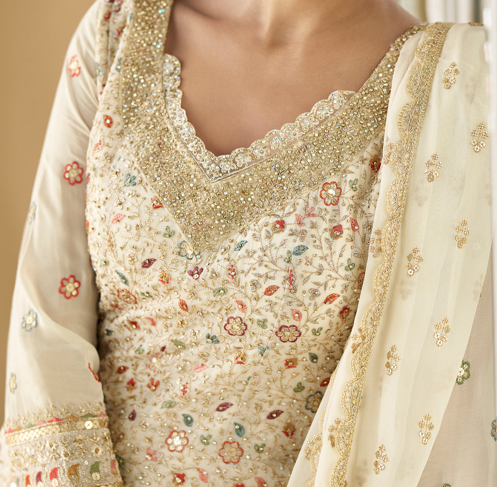 Light Cream Designer Embroidered Pure Georgette Wedding Palazzo Suit-Saira's Boutique