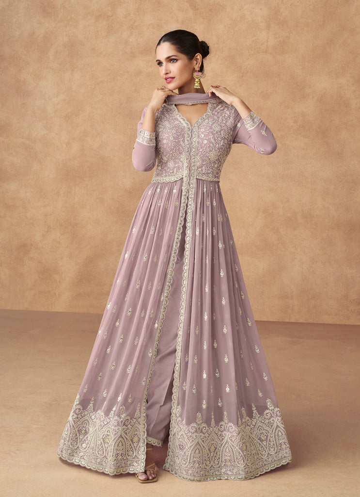 Light Mauve Designer Embroidered Pure Georgette Pant Style Anarkali Suit-Saira's Boutique