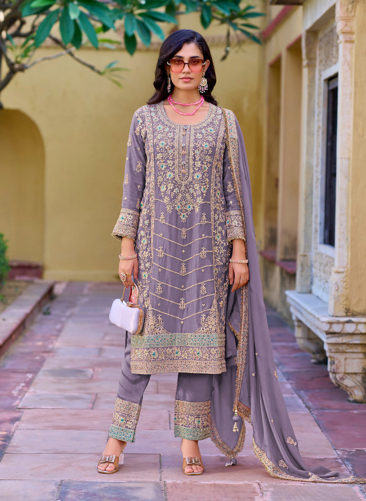 Light Mauve Designer Embroidered Wedding Party Wear Chinon Salwar Suit-Saira's Boutique
