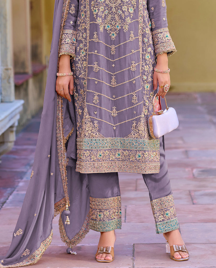 Light Mauve Designer Embroidered Wedding Party Wear Chinon Salwar Suit-Saira's Boutique