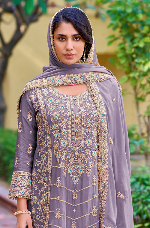 Light Mauve Designer Embroidered Wedding Party Wear Chinon Salwar Suit-Saira's Boutique